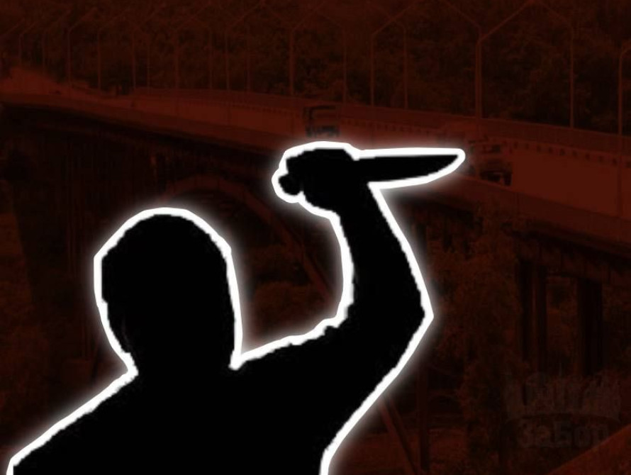 Колаж: Арковий міст у Запоріжжі та чоловік із ножем