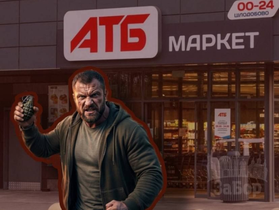 Колаж: АТБ та чоловік із гранатою