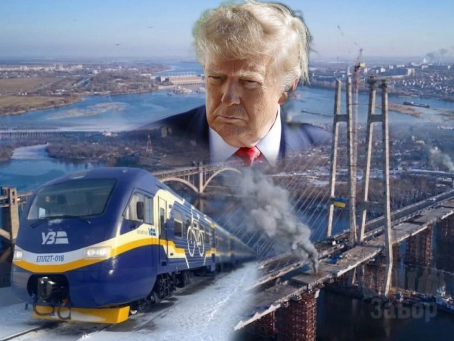 Колаж: міст під атакою, Трамп та потяг