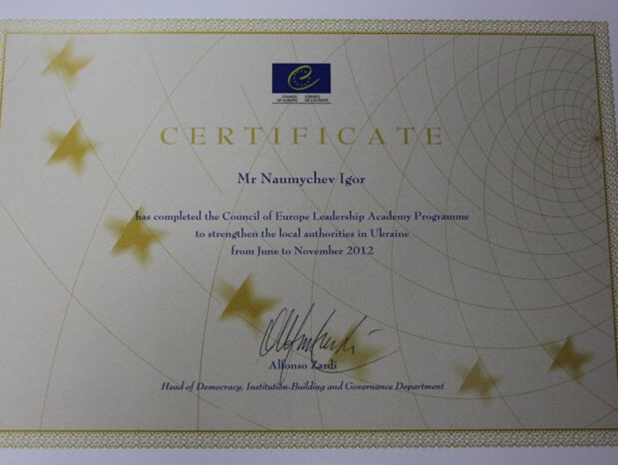 Мэр Энергодара получил сертификат Совета Европы за "лидерство"